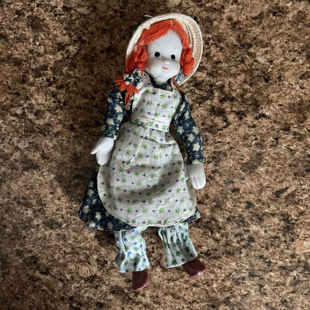 Vtg Dollhouse Porcelain 9" Mini Prairie Girl Doll Bonnet‎ Apron Dress Taiwan